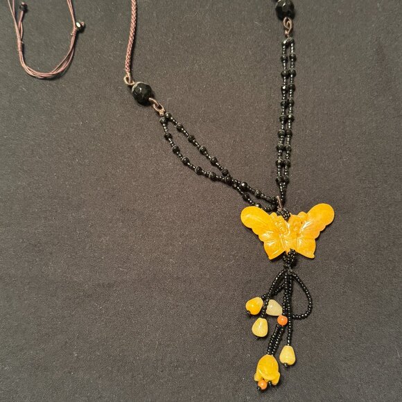 Vintage Fashion Butterfly Necklace Black Yellow Beads - Picture 2 of 2